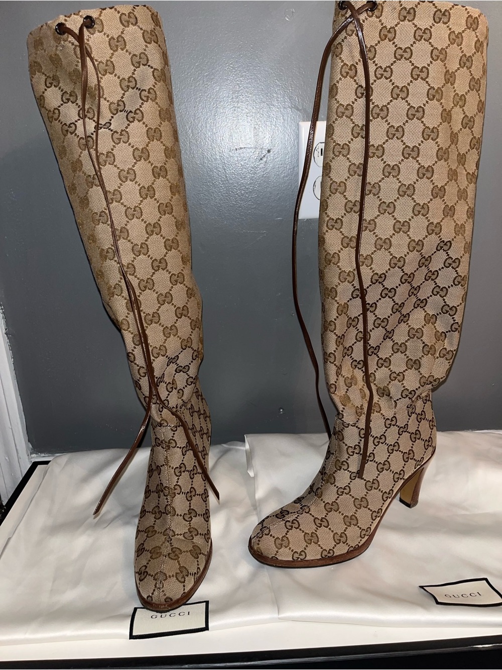 Gucci Beige GG Logo Over-the-Knee Canvas Boots with Brown Trim